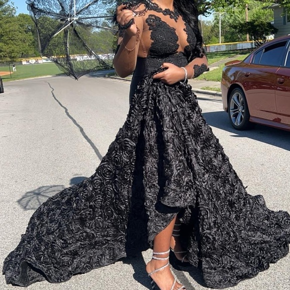 This is a Black Open Back Lace Prom Dress.